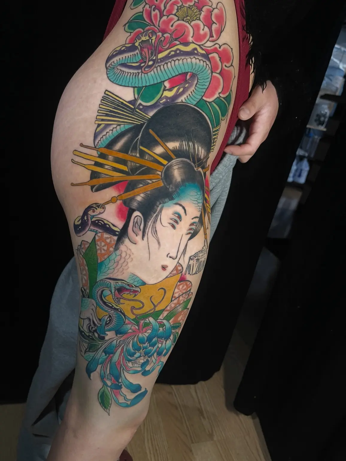 Full-color Japanese-inspired geisha, dragon and wave tattoo by Keith at Neo Tokyo Tattoos